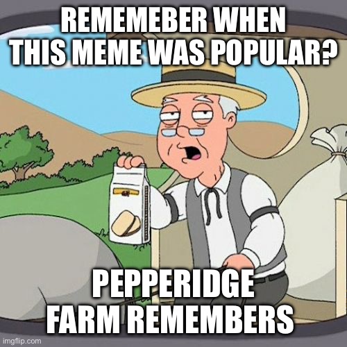 Remember? | REMEMEBER WHEN THIS MEME WAS POPULAR? PEPPERIDGE FARM REMEMBERS | image tagged in memes,pepperidge farm remembers | made w/ Imgflip meme maker
