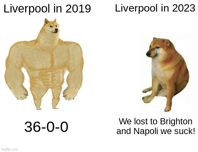 Go Manchester City! | Liverpool in 2019; Liverpool in 2023; 36-0-0; We lost to Brighton and Napoli we suck! | image tagged in memes,buff doge vs cheems,premier league | made w/ Imgflip meme maker