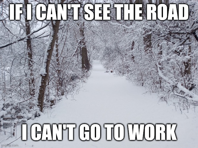 GONNA GO PLAY IN THE SNOW INSTEAD | IF I CAN'T SEE THE ROAD; I CAN'T GO TO WORK | image tagged in work,snow | made w/ Imgflip meme maker