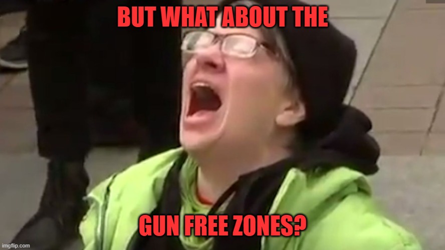 Screaming Liberal  | BUT WHAT ABOUT THE GUN FREE ZONES? | image tagged in screaming liberal | made w/ Imgflip meme maker