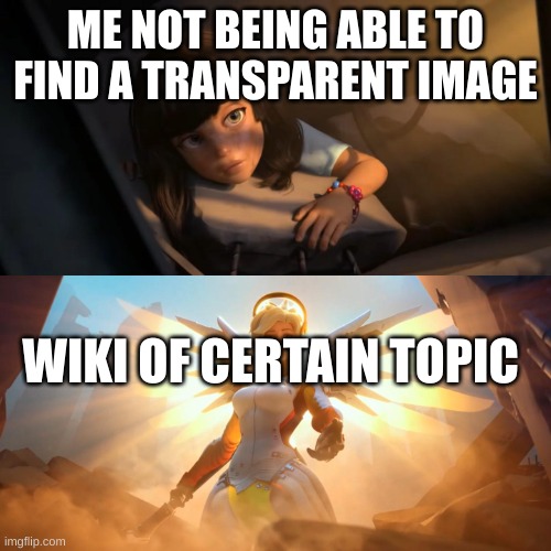true right? | ME NOT BEING ABLE TO FIND A TRANSPARENT IMAGE; WIKI OF CERTAIN TOPIC | image tagged in overwatch mercy meme | made w/ Imgflip meme maker