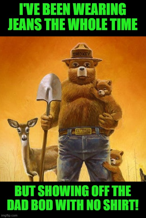 Smokey-Bear-Cyber-Breaches | I'VE BEEN WEARING JEANS THE WHOLE TIME BUT SHOWING OFF THE DAD BOD WITH NO SHIRT! | image tagged in smokey-bear-cyber-breaches | made w/ Imgflip meme maker