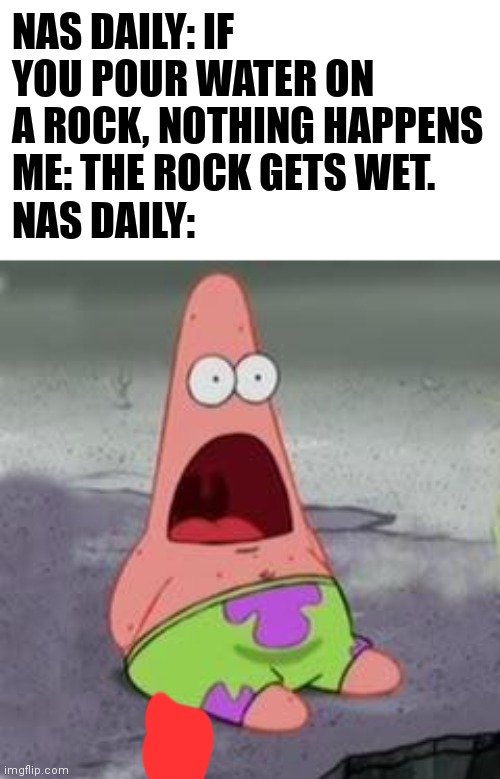 :brain::brain::brain::brain::brain: | NAS DAILY: IF YOU POUR WATER ON A ROCK, NOTHING HAPPENS
ME: THE ROCK GETS WET.
NAS DAILY: | image tagged in suprised patrick | made w/ Imgflip meme maker