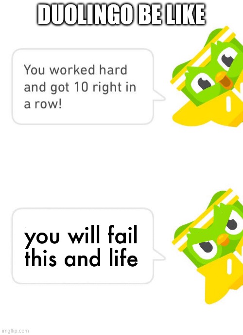 Duolingo 10 in a Row | DUOLINGO BE LIKE; you will fail this and life | image tagged in duolingo 10 in a row | made w/ Imgflip meme maker