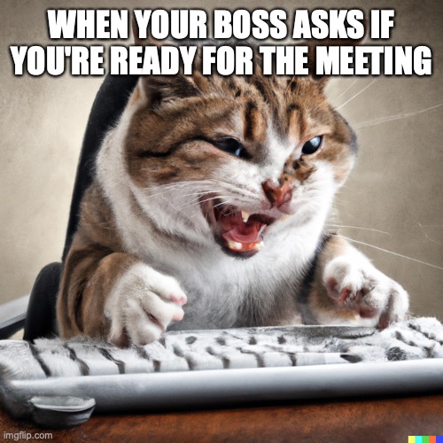 When Your Boss asks... | WHEN YOUR BOSS ASKS IF YOU'RE READY FOR THE MEETING | image tagged in funny,memes,cat | made w/ Imgflip meme maker