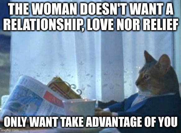 love | THE WOMAN DOESN'T WANT A RELATIONSHIP, LOVE NOR RELIEF; ONLY WANT TAKE ADVANTAGE OF YOU | image tagged in memes,i should buy a boat cat | made w/ Imgflip meme maker