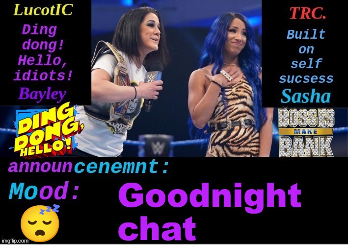 ding dong | Goodnight 
chat; 😴 | image tagged in lucotic and trc boss 'n' hug connection duo announcement temp | made w/ Imgflip meme maker