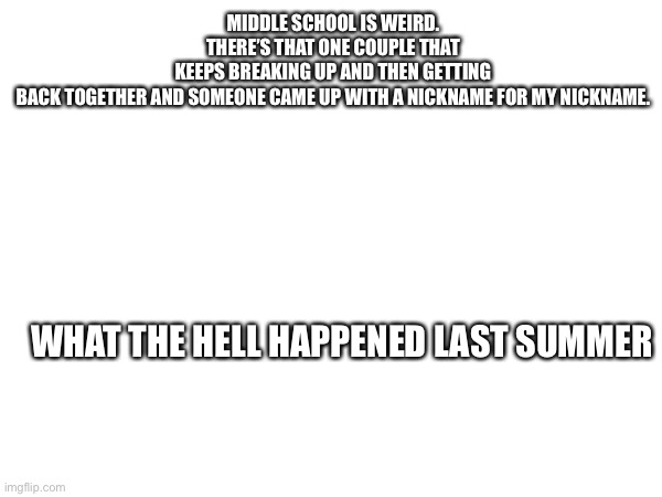 Need input! | MIDDLE SCHOOL IS WEIRD. THERE’S THAT ONE COUPLE THAT KEEPS BREAKING UP AND THEN GETTING BACK TOGETHER AND SOMEONE CAME UP WITH A NICKNAME FOR MY NICKNAME. WHAT THE HELL HAPPENED LAST SUMMER | image tagged in help,middle school,weird | made w/ Imgflip meme maker