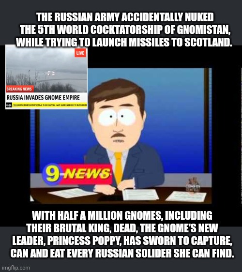 And you thought the gnomes were mad before! | THE RUSSIAN ARMY ACCIDENTALLY NUKED THE 5TH WORLD COCKTATORSHIP OF GNOMISTAN, WHILE TRYING TO LAUNCH MISSILES TO SCOTLAND. WITH HALF A MILLI | image tagged in south park news reporter,gnomes,nukes,oops | made w/ Imgflip meme maker