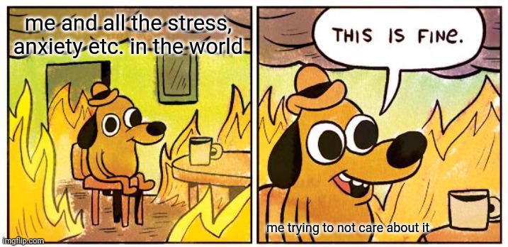 This Is Fine Meme | me and all the stress, anxiety etc. in the world me trying to not care about it | image tagged in memes,this is fine | made w/ Imgflip meme maker
