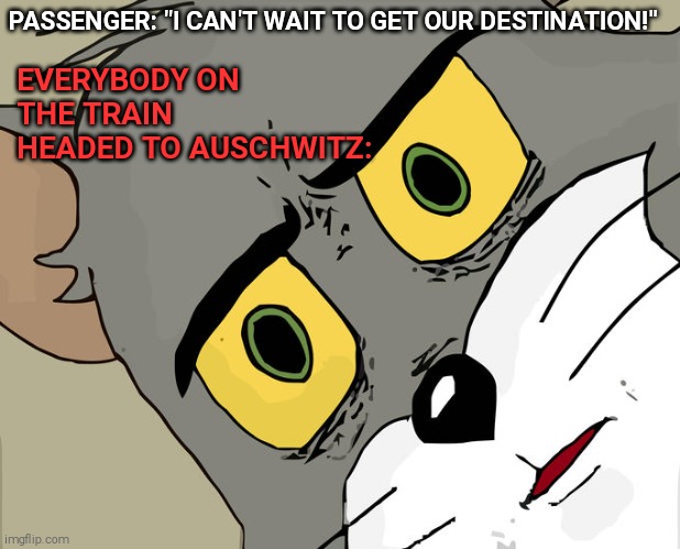 Dark | EVERYBODY ON THE TRAIN HEADED TO AUSCHWITZ:; PASSENGER: "I CAN'T WAIT TO GET OUR DESTINATION!" | image tagged in memes,unsettled tom | made w/ Imgflip meme maker