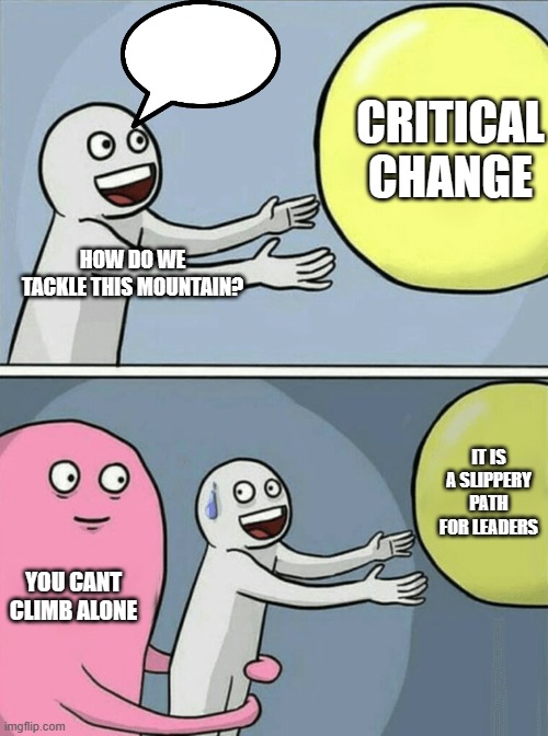 THE TRANSFORMATION JOURNEY | CRITICAL CHANGE; HOW DO WE TACKLE THIS MOUNTAIN? IT IS A SLIPPERY PATH FOR LEADERS; YOU CANT CLIMB ALONE | image tagged in memes,running away balloon | made w/ Imgflip meme maker