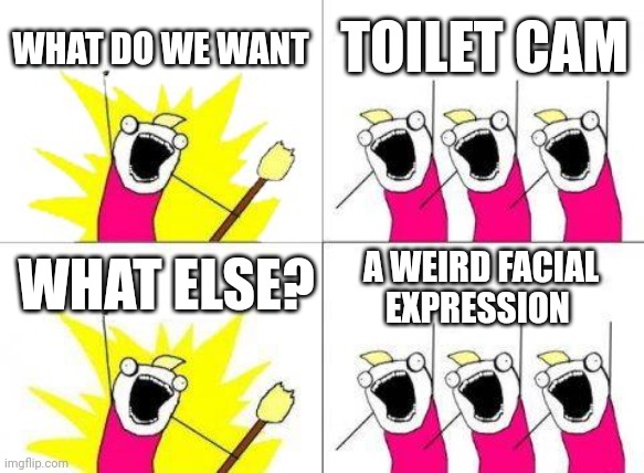 Present #1 | WHAT DO WE WANT; TOILET CAM; WHAT ELSE? A WEIRD FACIAL EXPRESSION | image tagged in memes,what do we want | made w/ Imgflip meme maker