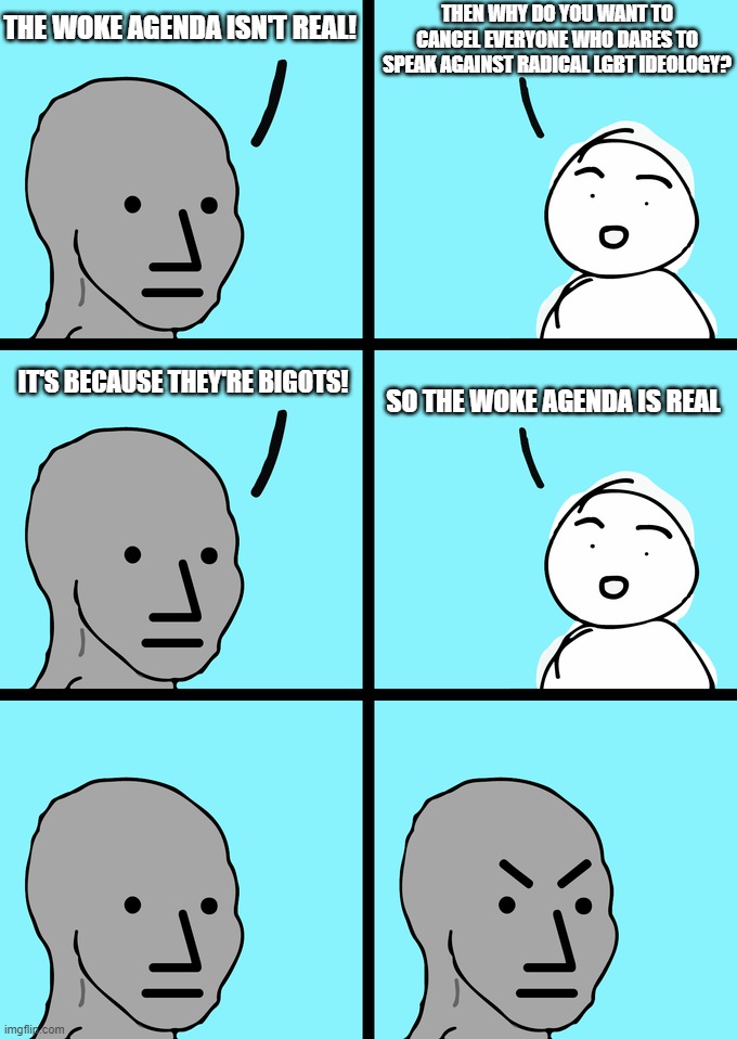 Just for Those Who Say "The Woke Agenda isn't Real!" | THE WOKE AGENDA ISN'T REAL! THEN WHY DO YOU WANT TO CANCEL EVERYONE WHO DARES TO SPEAK AGAINST RADICAL LGBT IDEOLOGY? IT'S BECAUSE THEY'RE BIGOTS! SO THE WOKE AGENDA IS REAL | image tagged in angry npc comic,woke,agenda,radical,lgbtq,lgbt | made w/ Imgflip meme maker