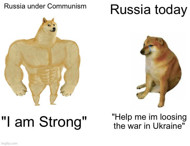 Russia today | Russia under Communism; Russia today; "I am Strong"; "Help me im loosing the war in Ukraine" | image tagged in memes,buff doge vs cheems | made w/ Imgflip meme maker