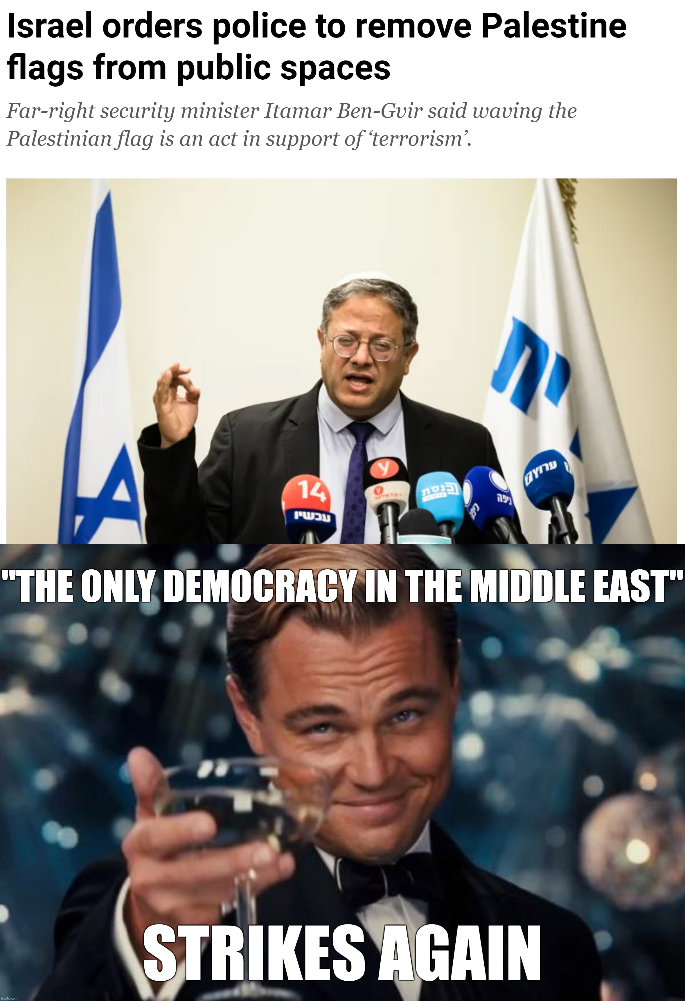 "The Only Democracy in the Middle East" Strikes Again | "THE ONLY DEMOCRACY IN THE MIDDLE EAST"; STRIKES AGAIN | image tagged in memes,leonardo dicaprio cheers,israel,palestine,middle east,democracy | made w/ Imgflip meme maker