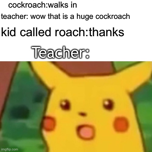 Kinda messed up words but ok | cockroach:walks in; teacher: wow that is a huge cockroach; kid called roach:thanks; Teacher:; Teacher: | image tagged in memes,surprised pikachu | made w/ Imgflip meme maker