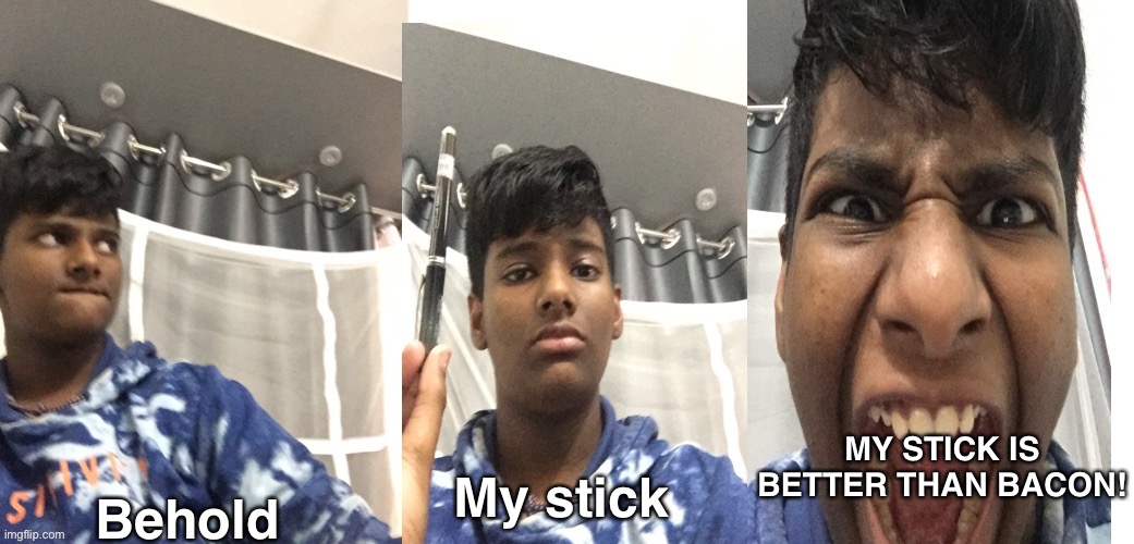 Just turned myself into a meme! | MY STICK IS BETTER THAN BACON! My stick; Behold | image tagged in behold my stick,hmm,stick,viper angry | made w/ Imgflip meme maker