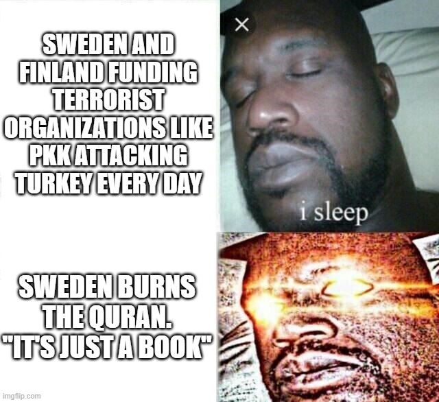 Islamophobes Just Recently | SWEDEN AND FINLAND FUNDING TERRORIST ORGANIZATIONS LIKE PKK ATTACKING TURKEY EVERY DAY; SWEDEN BURNS THE QURAN. "IT'S JUST A BOOK" | image tagged in quran,sweden,finland,turkey,terrorism,terrorist,PanIslamistPosting | made w/ Imgflip meme maker