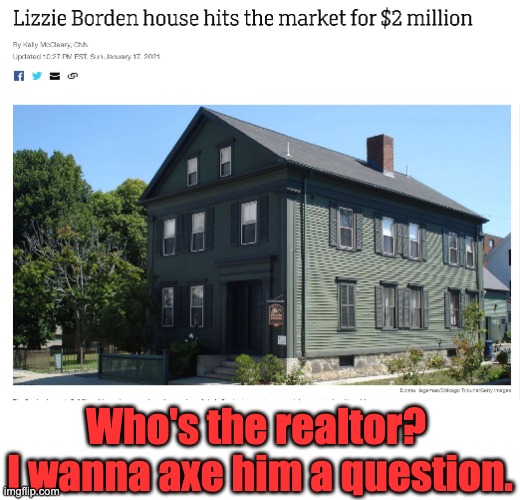 Lizzie | Who's the realtor?  I wanna axe him a question. | image tagged in bad pun | made w/ Imgflip meme maker