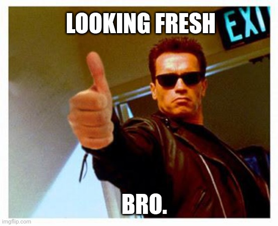 Looking fresh bro. | LOOKING FRESH; BRO. | image tagged in terminator thumbs up | made w/ Imgflip meme maker