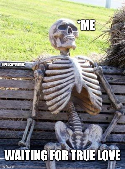 wait for true love ? | *ME; @PLUCKYMEMER; WAITING FOR TRUE LOVE | image tagged in memes,waiting skeleton,love,true love | made w/ Imgflip meme maker