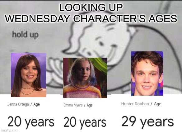 wait...what? | LOOKING UP WEDNESDAY CHARACTER'S AGES | image tagged in fallout hold up,wednesday,wednesday addams | made w/ Imgflip meme maker