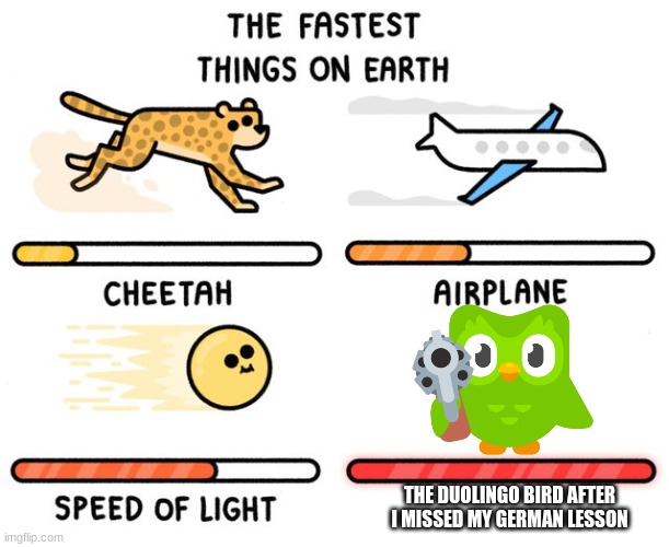 fastest thing possible | THE DUOLINGO BIRD AFTER I MISSED MY GERMAN LESSON | image tagged in fastest thing possible | made w/ Imgflip meme maker