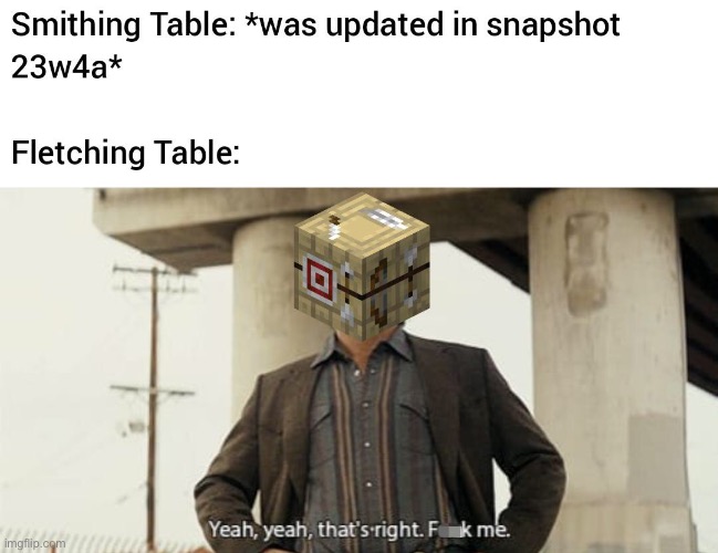 The Flecting Table remains useless. | image tagged in minecraft memes,repost,minecraft,snapshot,memes,funny | made w/ Imgflip meme maker