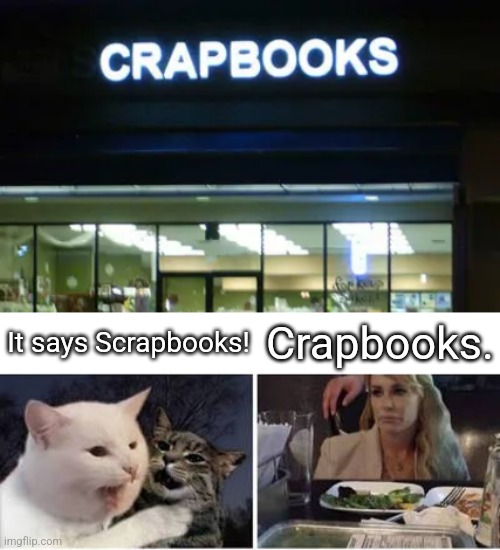Crapbooks | Crapbooks. It says Scrapbooks! | image tagged in cat yelling at woman,books,crap,woman yelling at cat | made w/ Imgflip meme maker
