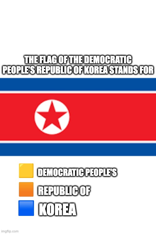 Korea | THE FLAG OF THE DEMOCRATIC PEOPLE'S REPUBLIC OF KOREA STANDS FOR; DEMOCRATIC PEOPLE'S; REPUBLIC OF; KOREA | image tagged in dprk,flag,square,north korea | made w/ Imgflip meme maker