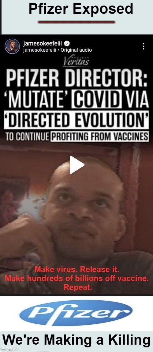 A new Project Veritas drop | Pfizer Exposed; _________; Make virus. Release it. 
Make hundreds of billions off vaccine. 
Repeat. We're Making a Killing | image tagged in politics,pfizer,project veritas,make virus release it,follow the money,corruption | made w/ Imgflip meme maker