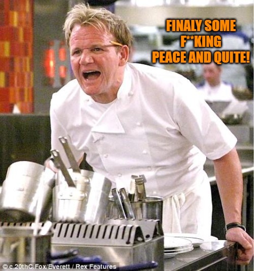 at last peace and quiet! | FINALY SOME F**KING PEACE AND QUITE! | image tagged in memes,chef gordon ramsay | made w/ Imgflip meme maker