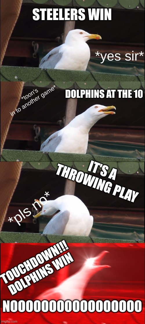 Inhaling Seagull Meme | STEELERS WIN; *yes sir*; DOLPHINS AT THE 10; *toon's
in to another game*; IT'S A THROWING PLAY; *pls no*; TOUCHDOWN!!! DOLPHINS WIN; NOOOOOOOOOOOOOOOOO | image tagged in memes,inhaling seagull | made w/ Imgflip meme maker