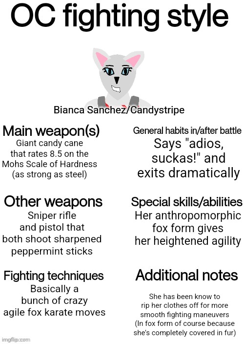 Candystripe's fighting style | Bianca Sanchez/Candystripe; Says "adios, suckas!" and exits dramatically; Giant candy cane that rates 8.5 on the Mohs Scale of Hardness (as strong as steel); Her anthropomorphic fox form gives her heightened agility; Sniper rifle and pistol that both shoot sharpened peppermint sticks; Basically a bunch of crazy agile fox karate moves; She has been know to rip her clothes off for more smooth fighting maneuvers
(In fox form of course because she's completely covered in fur) | image tagged in oc fighting style,candystripe | made w/ Imgflip meme maker