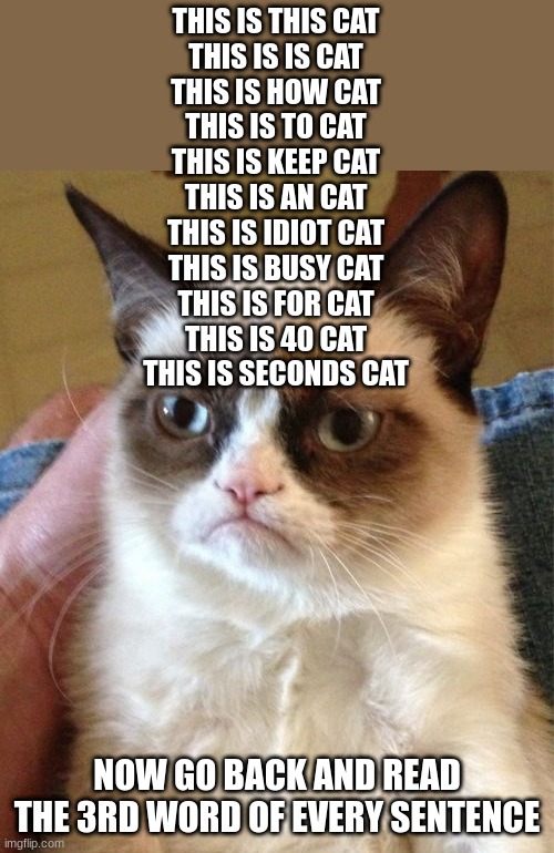 Grumpy Cat Meme | THIS IS THIS CAT
THIS IS IS CAT
THIS IS HOW CAT
THIS IS TO CAT
THIS IS KEEP CAT
THIS IS AN CAT
THIS IS IDIOT CAT
THIS IS BUSY CAT
THIS IS FOR CAT
THIS IS 40 CAT
THIS IS SECONDS CAT; NOW GO BACK AND READ THE 3RD WORD OF EVERY SENTENCE | image tagged in memes,grumpy cat | made w/ Imgflip meme maker