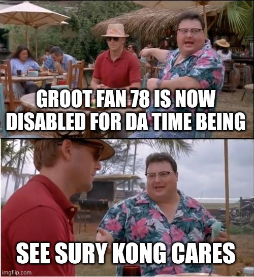See Nobody Cares | GROOT FAN 78 IS NOW DISABLED FOR DA TIME BEING; SEE SURY KONG CARES | image tagged in memes,see nobody cares | made w/ Imgflip meme maker