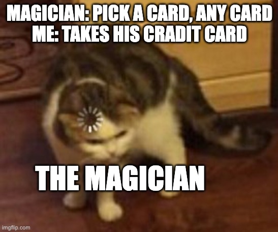 When you've had enough of their tricks |  MAGICIAN: PICK A CARD, ANY CARD
ME: TAKES HIS CRADIT CARD; THE MAGICIAN | image tagged in loading cat,magic,credit card | made w/ Imgflip meme maker