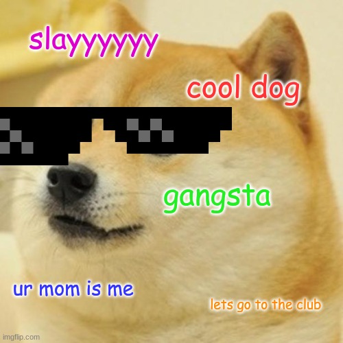 Doge | slayyyyyy; cool dog; gangsta; ur mom is me; lets go to the club | image tagged in memes,doge | made w/ Imgflip meme maker