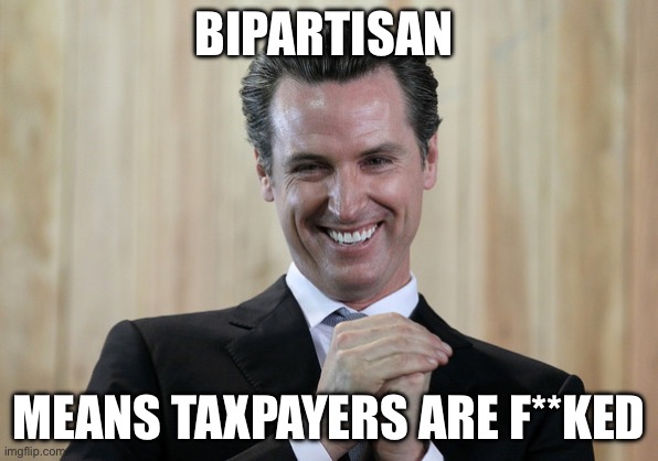 Scheming Gavin Newsom  | BIPARTISAN MEANS TAXPAYERS ARE F**KED | image tagged in scheming gavin newsom | made w/ Imgflip meme maker