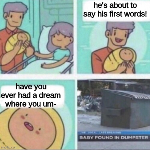 ummmm | he's about to say his first words! have you ever had a dream where you um- | image tagged in baby found in dumpster | made w/ Imgflip meme maker