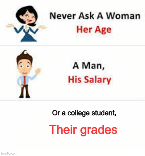 #CollegeLife | Or a college student, Their grades | image tagged in never ask a woman her age | made w/ Imgflip meme maker