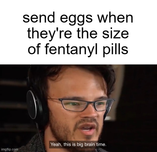 Yeah, this is big brain time | send eggs when they're the size of fentanyl pills | image tagged in yeah this is big brain time | made w/ Imgflip meme maker