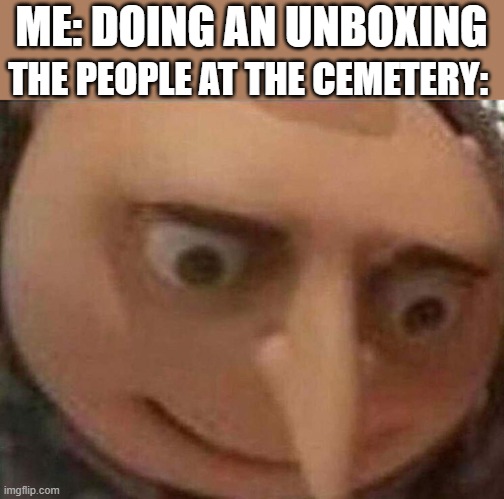 hol'up | THE PEOPLE AT THE CEMETERY:; ME: DOING AN UNBOXING | image tagged in gru meme,cemetery,memes | made w/ Imgflip meme maker