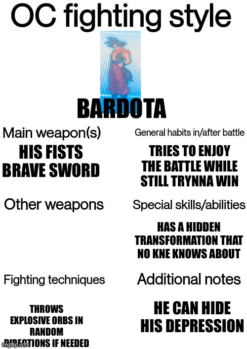 I lost my irl drawing of him so enjoy the digital for now | BARDOTA; TRIES TO ENJOY THE BATTLE WHILE STILL TRYNNA WIN; HIS FISTS
BRAVE SWORD; HAS A HIDDEN TRANSFORMATION THAT NO KNE KNOWS ABOUT; THROWS EXPLOSIVE ORBS IN RANDOM DIRECTIONS IF NEEDED; HE CAN HIDE HIS DEPRESSION | made w/ Imgflip meme maker