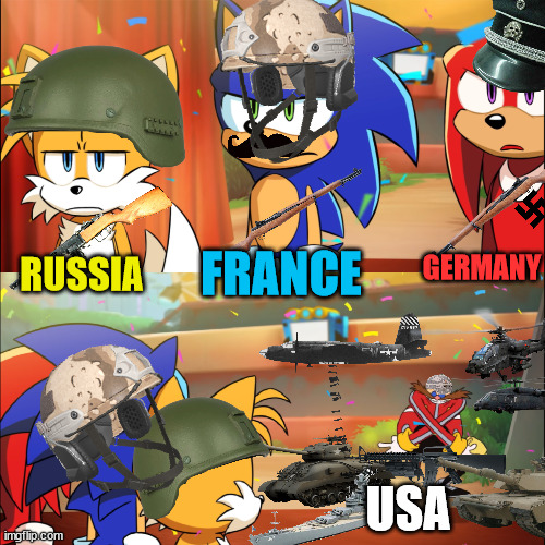 ww2 sonic meme | GERMANY; FRANCE; RUSSIA; USA | image tagged in team sonic eggman dance | made w/ Imgflip meme maker