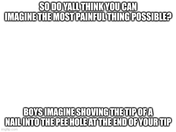 I cant with myself sometimes | SO DO YALL THINK YOU CAN IMAGINE THE MOST PAINFUL THING POSSIBLE? BOYS IMAGINE SHOVING THE TIP OF A NAIL INTO THE PEE HOLE AT THE END OF YOUR TIP | image tagged in blank white template | made w/ Imgflip meme maker