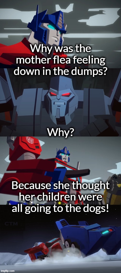 Optimus Prime Dad Joke Cyberverse | Why was the mother flea feeling down in the dumps? Why? Because she thought her children were all going to the dogs! | image tagged in optimus prime dad joke cyberverse | made w/ Imgflip meme maker
