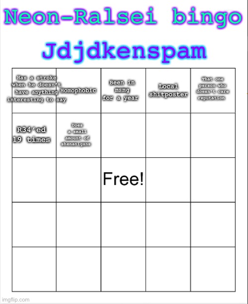 Too lazy to continue working on this | Jdjdkenspam; Neon-Ralsei bingo; Has a stroke when he doesn’t have anything interesting to say; Been in msmg for a year; Homophobic; That one person who doesn’t care reputation; Local shitposter; R34’ed 19 times; Does a small amount of shenanigans | image tagged in blank bingo | made w/ Imgflip meme maker