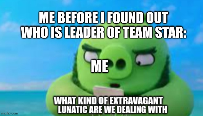 ... | ME BEFORE I FOUND OUT WHO IS LEADER OF TEAM STAR:; ME | image tagged in extravagant lunatic | made w/ Imgflip meme maker